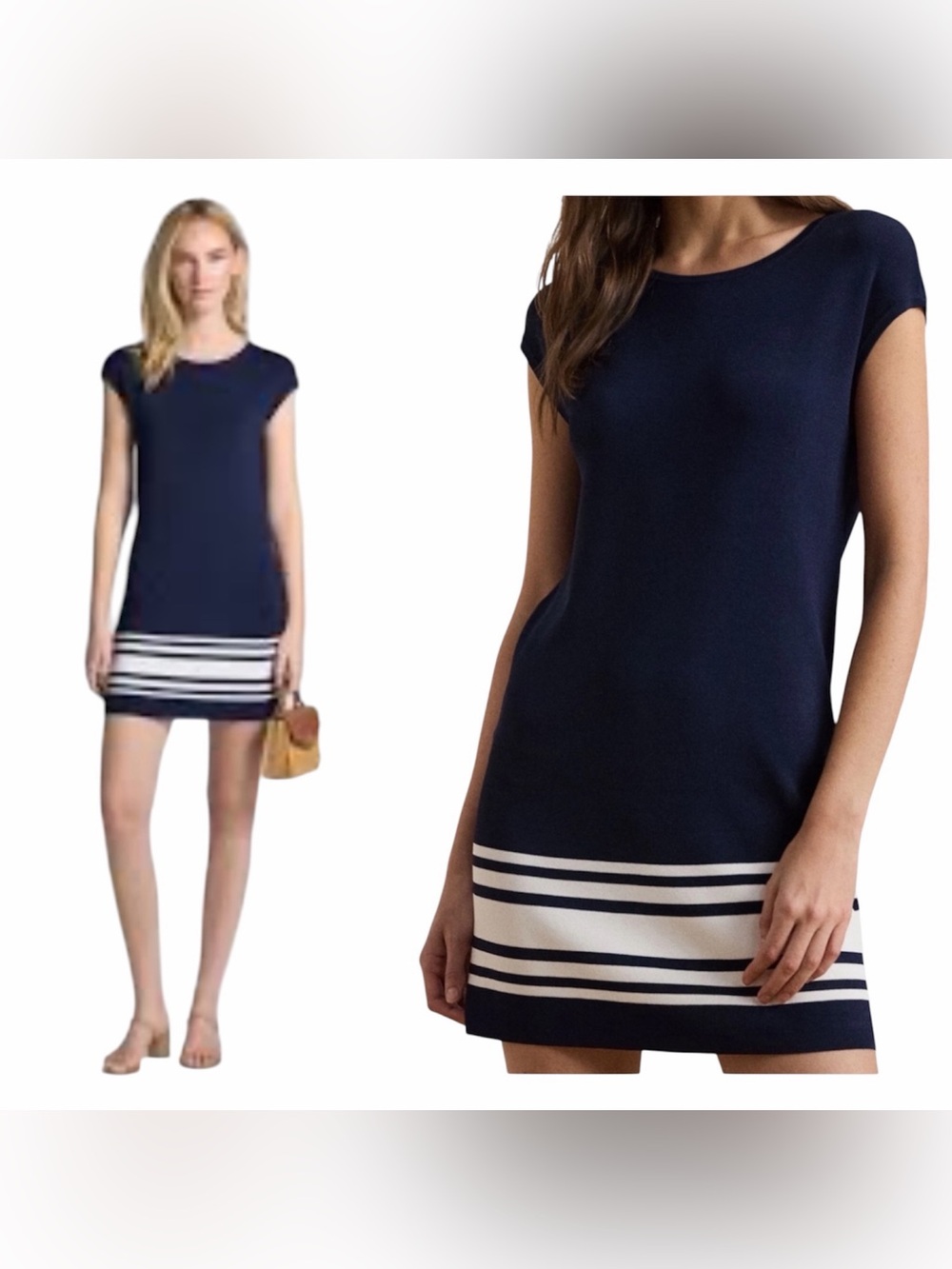 Lauren Ralph Lauren Two-Tone Navy & White Cap-Sleeve Shift Sweater Dress WM SZ L